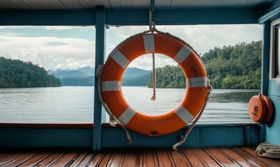 Deck of houseboat with life buoy