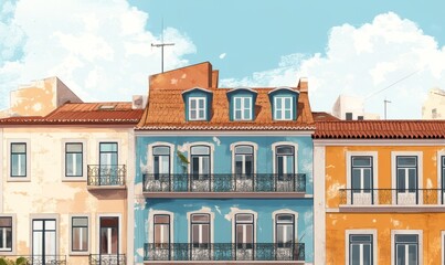 Fototapeta premium view to street the facade of old houses in lisbon