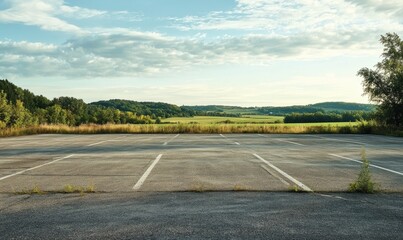 Fototapeta premium Empty parking lot, farmland in distance