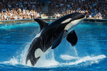 An orca jumps in a large pool with a crowd watching, water splashing up as it moves through the air