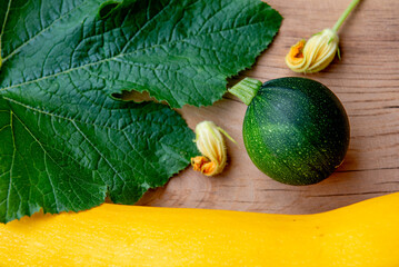 Yellow zucchini, round green zucchini and yellow flower on the wood background.