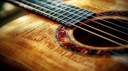 Fototapeta premium A close-up of a beautifully crafted acoustic guitar, showcasing its wooden texture and intricate details.