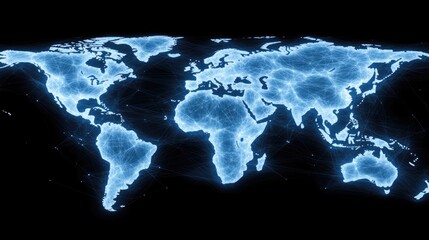 The design features an abstract world map with intricate details, showcasing global network connections, set against a bright white backdrop