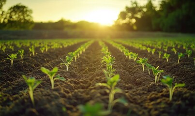 farm with rows of newly planted seedlings at sunset