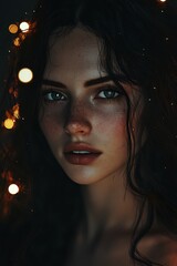 Mysterious woman with dark hair and intense green eyes