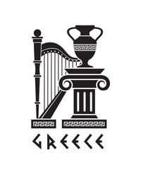 ancient greek symbol with column, amphora and harp isolated on white background