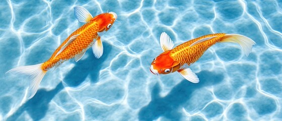 Fototapeta premium Tranquil Watercolor Koi Fish in Clear Pond with Sunlight Reflection, Peaceful Nature Artwork