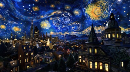 A vibrant starry night sky over a cityscape, featuring swirling clouds, bright stars, and distinctive architectural silhouettes