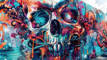 A vibrant, abstract mural featuring a stylized skull adorned with colorful patterns and swirls, showcasing urban street art creativity