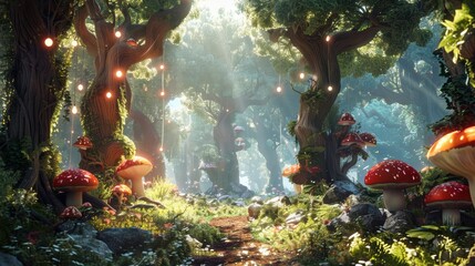 A whimsical forest path illuminated by soft light, adorned with vibrant mushrooms and surrounded by lush greenery