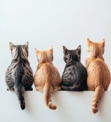Four cats of different colors sit on a ledge, curiously looking at a plain white wall, creating a tranquil indoor atmosphere
