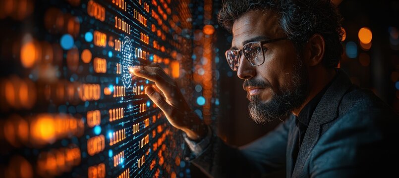 Businessman touching a digital screen with binary code and an AI icon on a blurred background, representing the concept of business technology and data connection.