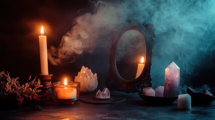  mystical altar , burning candles, and a black mirror for scrying,  dark, smoky background