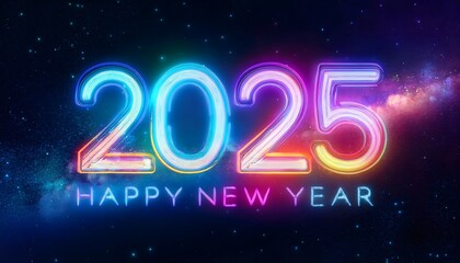 2025 neon shiny Sparkles text effect, isolated on a dark background, colorful banner. New Year Background banner