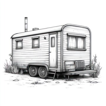 recommend clip art: A simple, single-axle, wooden, vintage caravan with a door, windows, and chimney, illustrated in black and white.
