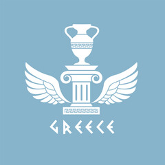 ancient greek symbol with column, amphora and wings isolated on blue background