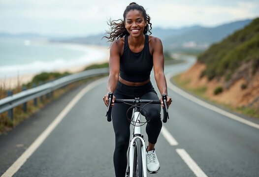 Joyful Woman Cycling on Scenic Coastal Road