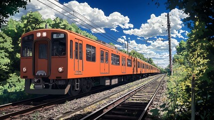 Fototapeta premium Orange train passing through the countryside under a blue sky with white clouds