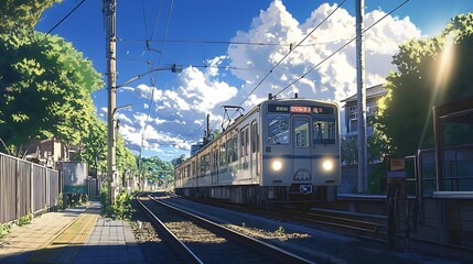 Japanese train tracks, train passing under blue sky and fluffy clouds with sunlight shining through trees
