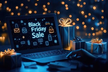 Festive black friday sale with gifts and digital shopping elements