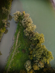 Aerial view of Sava and Krapinjcica river estuary, popular fishing location in the beautiful, green nature