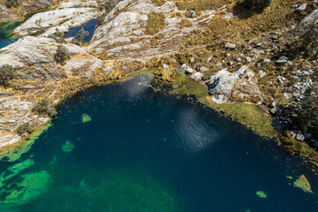 Churup Lagoon Aerial View with Turquoise Waters in the Cordillera Blanca Mountain Rand in the Huascaran National Park Seen from Above, in Ancash, Peru