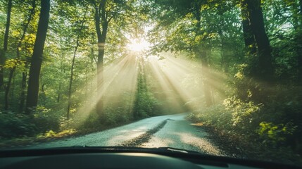 Fototapeta premium Car driving through a dense forest, sun rays breaking through the trees view from inside the car. generative ai