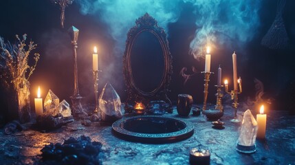  mystical altar , burning candles, and a black mirror for scrying,  dark, smoky background