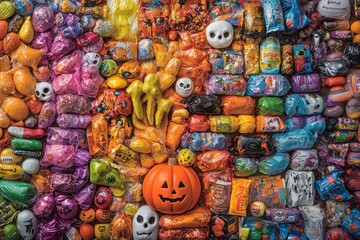 Fototapeta premium A vibrant collection of Halloween candy, toys, and treats arranged in a colorful pattern, with a jack-o-lantern in the center.