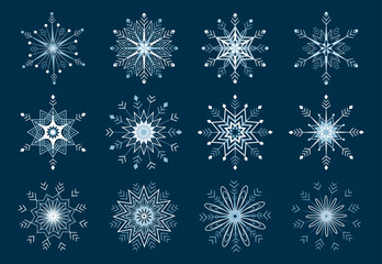 A set of snowflakes of various shapes. Light blue pattern with shades on a dark background.