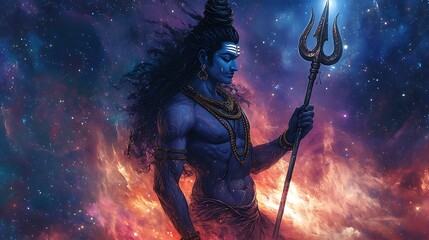 Digital Illustration of Hindu God Shiva with Trident Against Fire and Cosmic Background