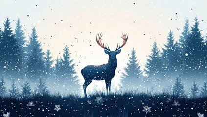 Winter forest with a deer in the center