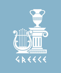 ancient greek symbol with column, amphora and lyre isolated on blue background