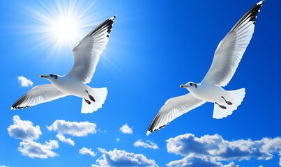 Pair of seagulls flying in the blue sky