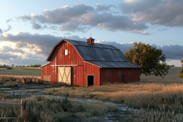 Obraz premium Weathered red wooden barn is illuminated by the setting sun on a farm in the rural midwest