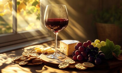 glass of red wine with a cheese assortment grapes crackers and walnuts on a wooden table bathed in sunlight