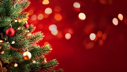 Christmas tree isolated on a red background with bokeh lightning and light bulb, abstract background Christmas with copy space