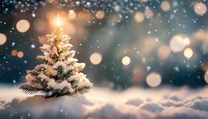 Naklejka premium Christmas tree isolated on a snow background with bokeh lightning, abstract background banner with copy space