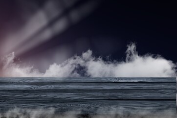 empty blank wooden table with white smoke and light
