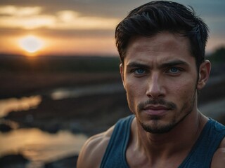 Fototapeta premium A contemplative man with blue eyes reflects during sunset near a tranquil river, capturing a moment of peaceful introspection.