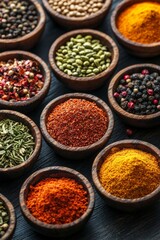 A close-up of colorful spices neatly arranged in small bowls on a dark wooden surface.