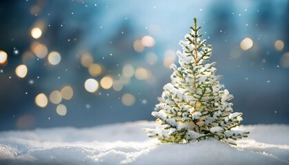 Obraz premium Christmas tree isolated on a snow background with bokeh lightning, abstract background banner with copy space