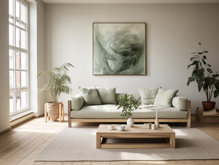 Fototapeta premium Simple minimalist japandi and wabi sabi style living room with reclaimed wood furniture in neutral colors. Reused materials furniture. Rustic interior.