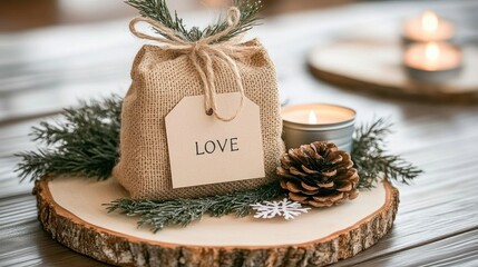 A burlap bag marked with the word love stands next to a lit candle on a wooden slice, surrounded by pinecones and delicate snowflakes, creating a warm winter atmosphere
