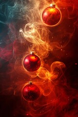 abstract christmas background with red baubles against red and orange smoky background. Season greetings concept