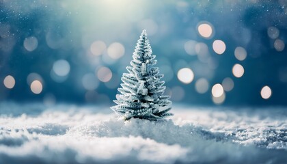 Obraz premium Christmas tree isolated on a snow background with bokeh lightning, abstract background banner with copy space