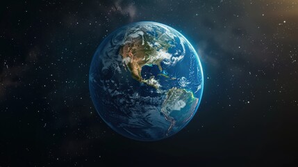 The image shows Earth surrounded by stars against the backdrop of cosmic space. 