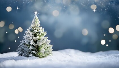 Obraz premium Christmas tree isolated on a snow background with bokeh lightning, abstract background banner with copy space