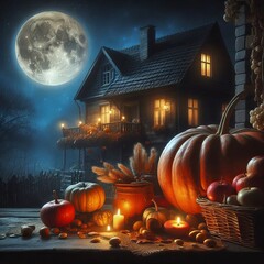 pumpkin in the foreground, an old house in the background at night and moonlight