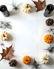 Halloween Flat Lay with Mini Pumpkins, Black Candles, Spider Webs, and Blank Paper on White Background
